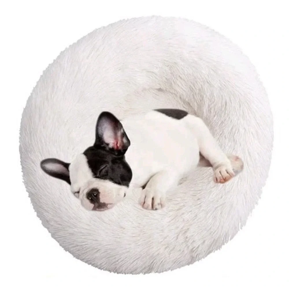 Plush Donut Dog/Cat Bed, Washable, White, Non-slip Bottom, 24in